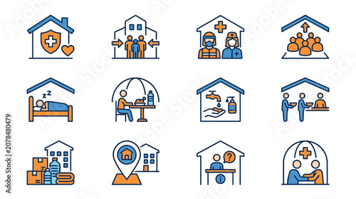 Homeless shelter and social support service icons.