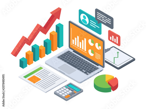 Vivid isometric business analytics graphics present financial data visualization concepts via an open laptop displaying growth dashboards alongside modern marketing performance tracking tools and art