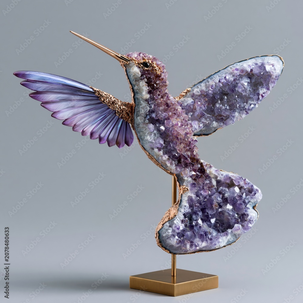 Fototapeta premium Hummingbird Amethyst Geode Sculpture: Artistic Home Decor, Eco-Friendly Handcrafted Art, Museum-Quality Bird Craftsmanship
