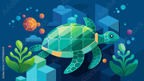 Konstfotografi Modern sea turtle artwork representing marine biodiversity, ocean conservation, aquatic life and endangered species awareness