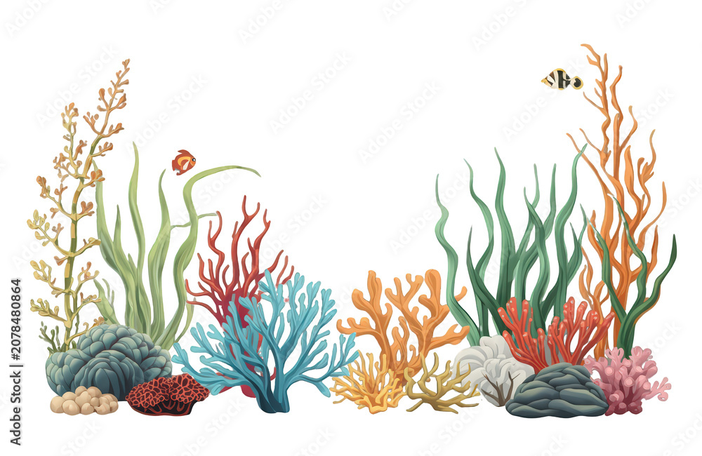 Fototapeta premium Underwater coral reef bordering scene with various sea plants, rocks and tropical fish swimming, transparent background