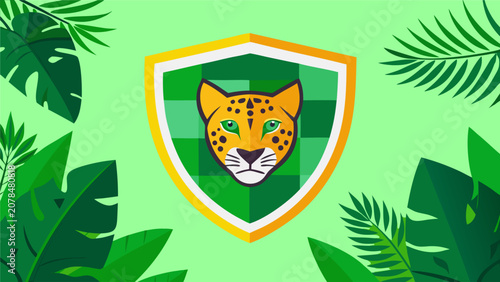 Tableau sur toile Tiger emblem with tropical leaves representing wildlife conservation, endangered species protection and biodiversity awareness campaigns