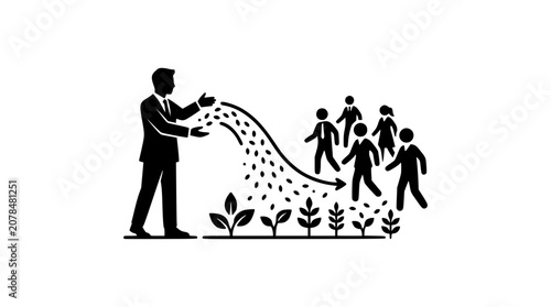 Businessman scattering seeds over growing plants and a group of employees to represent corporate nurturing, workforce development, and investing in human capital 