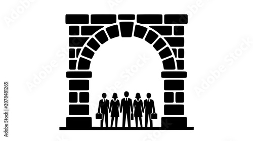 Stone archway structure framing a team of business professionals to symbolize structural support, solid foundation, and organizational stability 