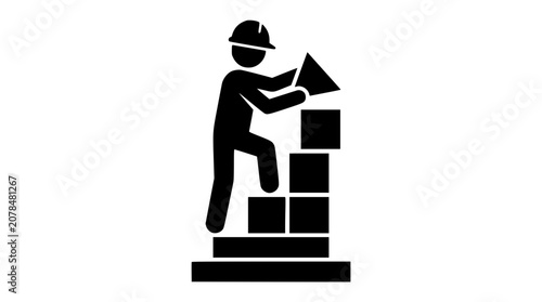 Construction worker icon stacking building blocks to represent step by step development, structured growth, and building corporate progress