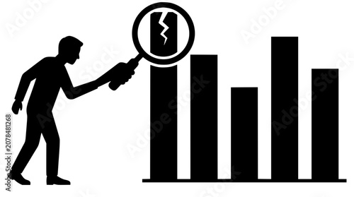 Businessman analyzing financial data bars using a magnifying glass to identify growth opportunities, market trends, and strategic solutions for enterprise development 
