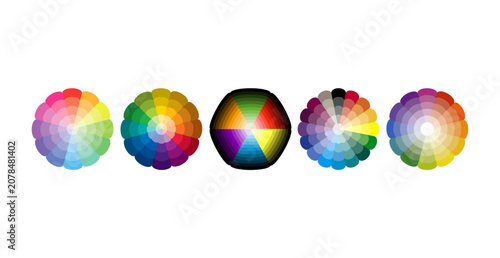 Five different colorful circular color wheels and charts arranged horizontally on a clean white background, showcasing various palettes and spectrum theories.