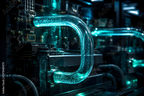 Glowing Liquid Cooling Pipes in Data Center Server
