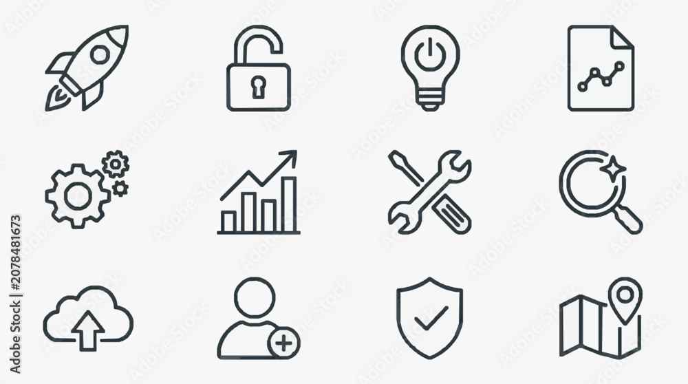 Fototapeta premium Corporate Minimalist Line Icons Set Featuring Launch Security Innovation Analytics and Growth Concepts in Black and White