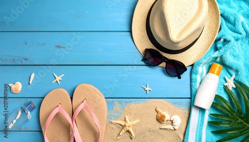 Beach summer vacation flat lay with flip flops, straw hat, sunglasses, towel, sunscreen lotion, and sand.