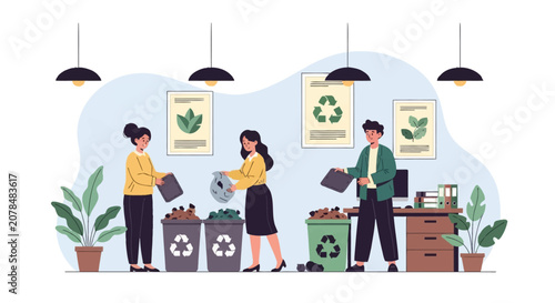 Vector illustration of three office employees sorting paper and plastic waste into recycling bins. Includes workplace furniture, potted plants, and environmental sustainability posters.