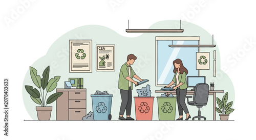 Office employees sorting paper and plastic waste into three colorful recycle bins in a workspace environment with CSR posters, potted plants, and modern office furniture.