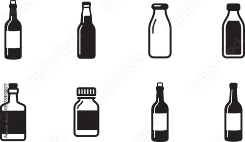 Set of eight different beverage bottles icon illustration Vector