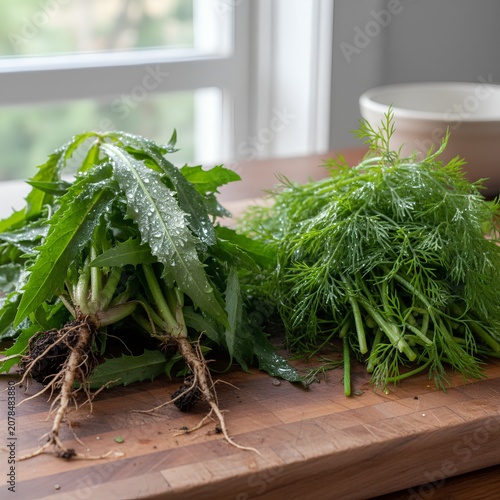 Bundles of freshly harvested culantro (Eryngium foetidum) with soil-dusted roots and vibrant green dill (Anethum graveolens) sprigs rest on a wooden chopping board. 