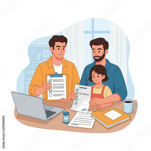 Flat vector illustration of a gay couple and their daughter at a desk with a laptop, reviewing checklists and organizing family documents for household planning and management.