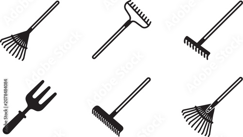 Bild auf Leinwand Set of six black and white gardening rakes and hoes on clean background Vector