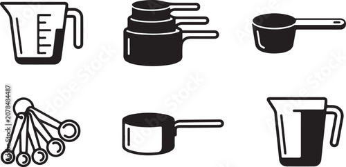 Set of six black and white kitchen measuring and cooking tools icons Vector