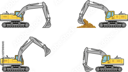 Принти на полотні Yellow excavator construction machinery vector illustration set with tracked dig