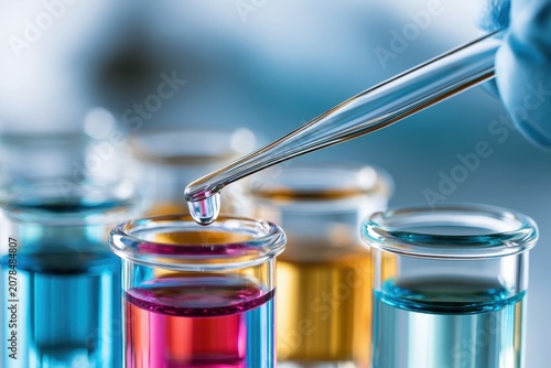 Laboratory pipette dropping liquid into glass vials in a medical research facility with sharp focus for pharmaceutical marketing