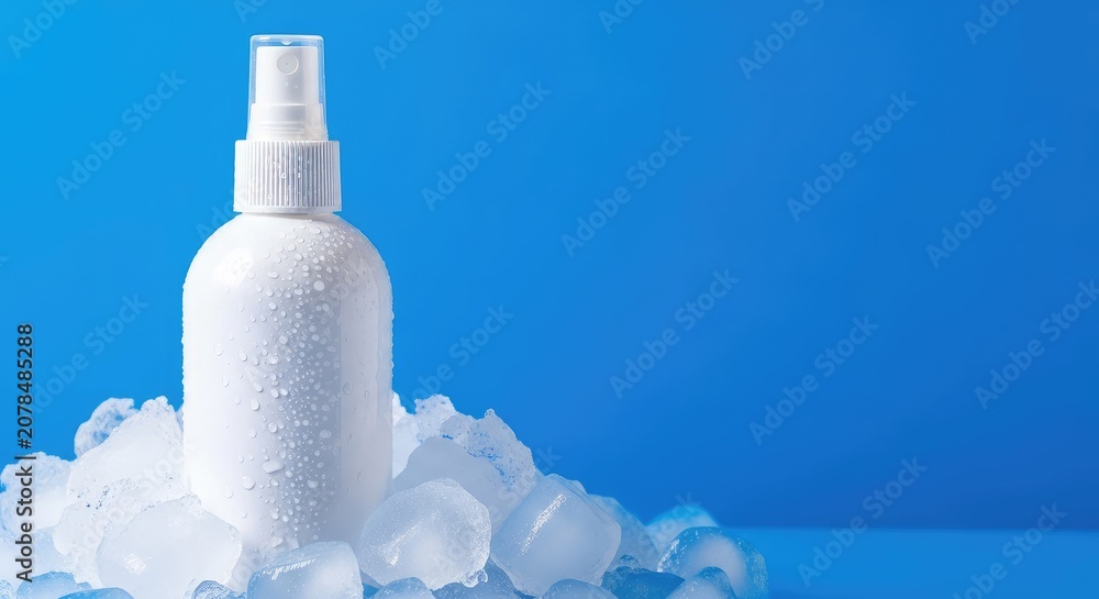 Naklejka premium A clean white blank spray bottle mockup sits nestled in cold crushed ice against a vibrant blue background, ideal for cosmetic product branding, advertising, water, spa
