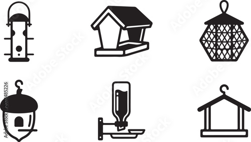 Photos Six different bird feeder designs in black and white vector style Vector