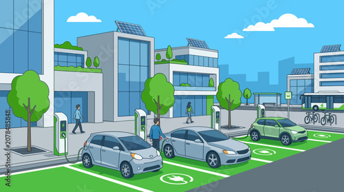Modern Urban Street With Electric Vehicle Charging Stations.