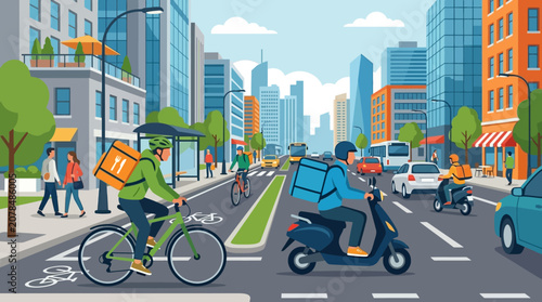 Urban Commuters Riding Bikes And Scooters In City.