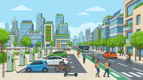 Modern Urban Street With Electric Vehicles And Pedestrians.
