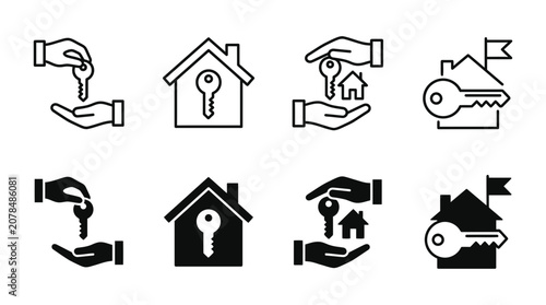 Real estate and home ownership icons set with property ownership business residential apartment mortgage purchase