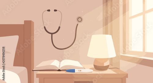 Pregnancy test on nightstand with stethoscope on wall, soft light