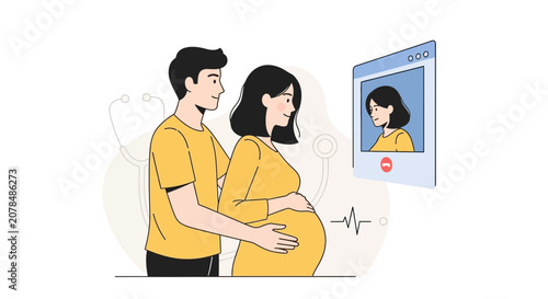 Pregnant couple looking at digital screen displaying doctor, telehealth consultation