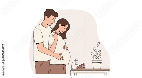 Pregnant couple lovingly embracing, expecting baby, modern illustration, hope, future