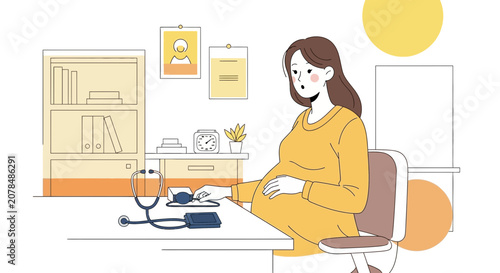 Pregnant Woman at Doctor's Office, Medical Checkup, Healthcare Illustration