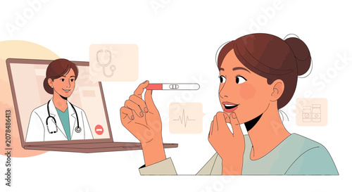 Woman celebrates positive pregnancy test result via telehealth with doctor