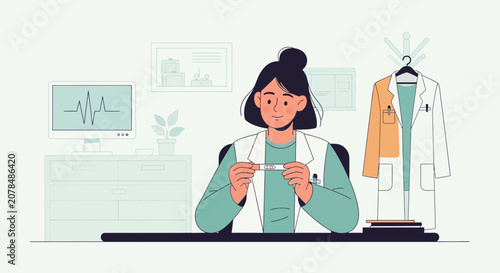Woman doctor at desk holding pregnancy test, medical office illustration