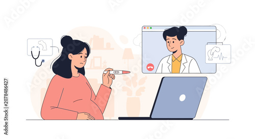 Woman Consults Doctor Online via Laptop with Pregnancy Test