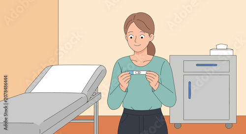 Woman holding pregnancy test in medical room, anticipation