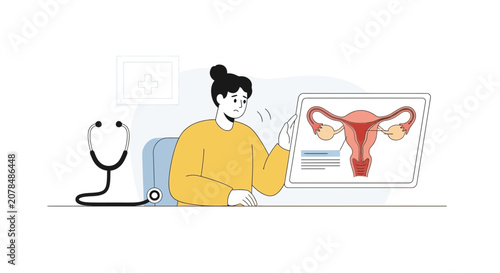 Woman examines reproductive system scan with stethoscope and medical charts.