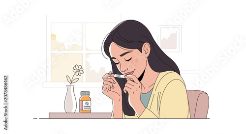 Woman smelling a pregnancy test with hope and anticipation, window background, vitamin bottle