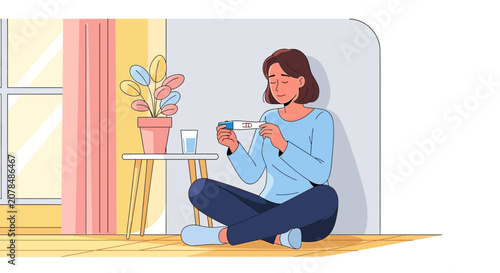 Woman holding pregnancy test, looking concerned, sitting on floor