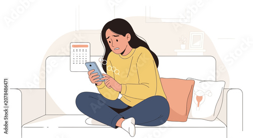 Woman stressed with smartphone on couch, calendar, anxiety, worry, digital life, illustration