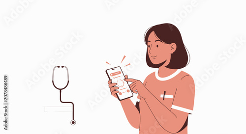 Woman using health app on phone with stethoscope, telemedicine concept
