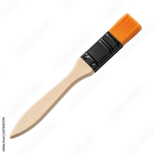 Orange paintbrush on wooden handle isolated