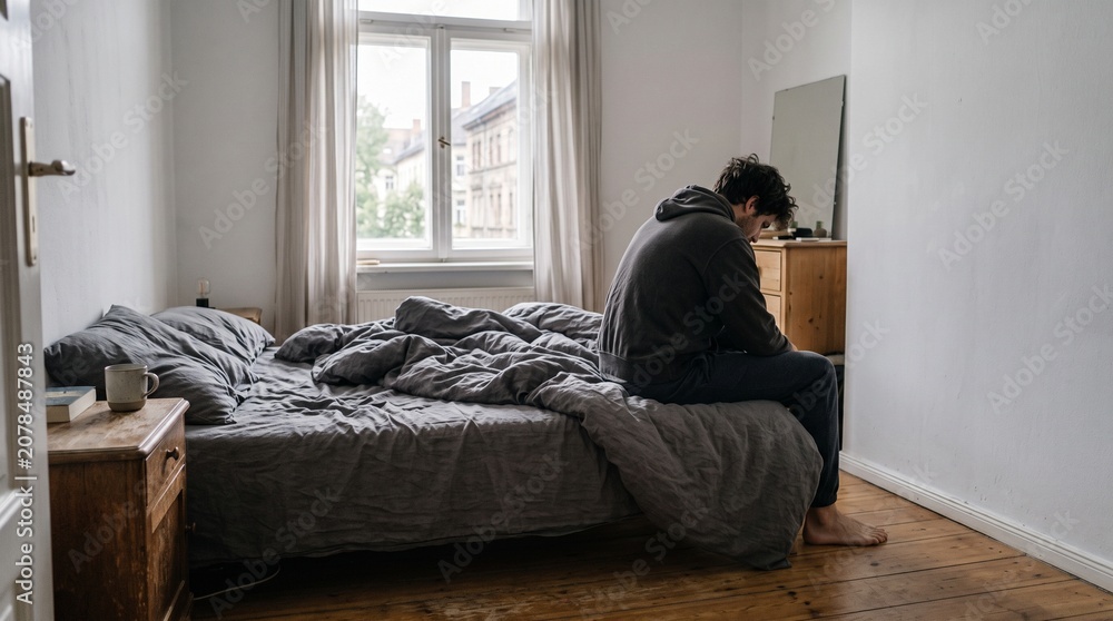Fototapeta premium Person Sitting Alone on Unmade Bed in Minimalist Bedroom with Natural Light
