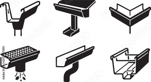 Foto Six types of gutter and downspout drainage systems in black and white illustrati