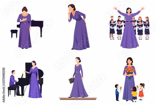 фотографія Set of flat vector illustrations featuring a female opera singer or vocalist in