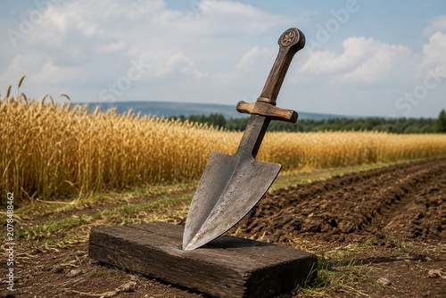 Sword transformed into a plowshare placed before a field of wheat, symbolic change.
