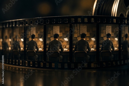 Film reel showing repetitive scenes in continuous loop, cinematic lighting, metaphor for repetition.