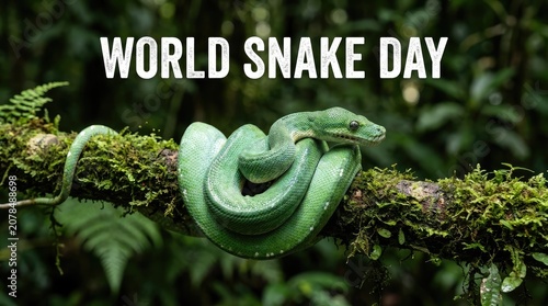 Minimalist world snake day web banner template with light green serpent resting on horizontal tree branch vector