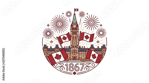 Canadian Parliament Building with Fireworks and Flags.
